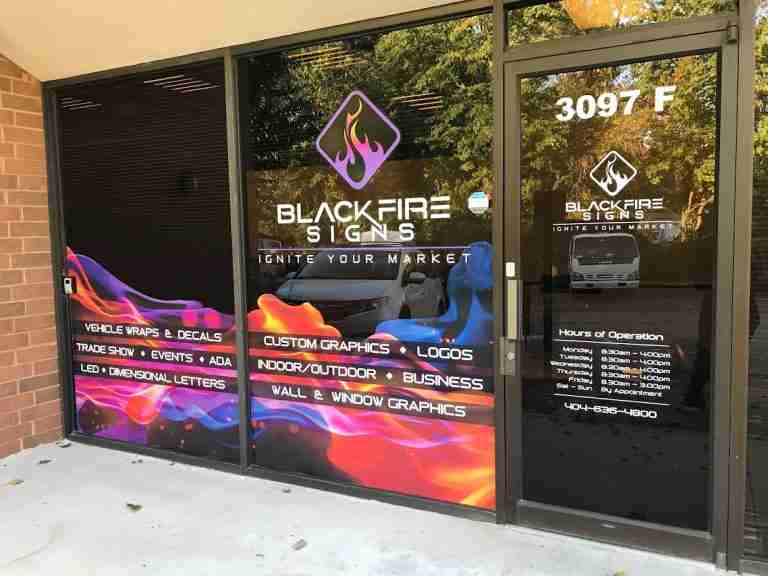 Storefront window graphics of Blackfire Signs in Atlanta